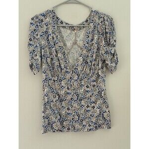 Free People Women's Floral  V Neck Button Down Blouse Ivory Blue M boho hippie
